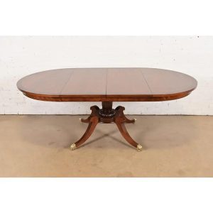 Baker Furniture Style Georgian Banded Mahogany and Burl Wood Pedestal Extension Dining Table, Newly Refinished