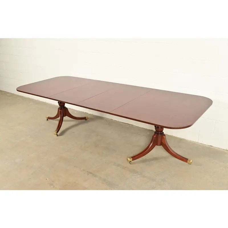 Baker Furniture Style Georgian Mahogany Double Pedestal Extension Dining Table, Newly Refinished