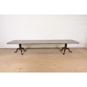 Baker Furniture Style Georgian Monumental Solid Cherry Wood Double Pedestal Extension Dining Table, Newly Refinished