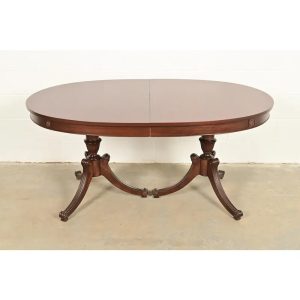 Baker Furniture Style Regency Mahogany Double Pedestal Extension Dining Table, Newly Refinished