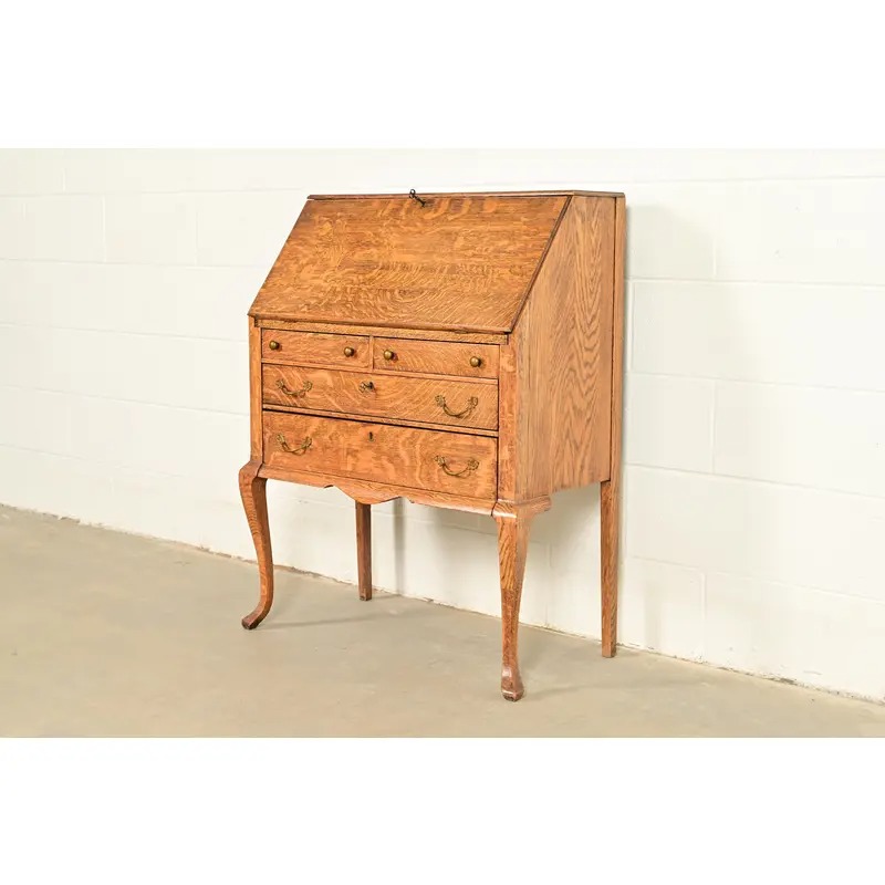 Berkey & Gay Style Antique Victorian Tiger Oak Slant Front Secretary Desk, Circa 1900