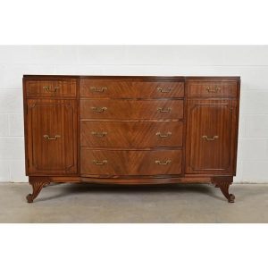 French Regency Louis XVI Carved Mahogany Bow Front Sideboard or Bar Cabinet, Circa 1940s