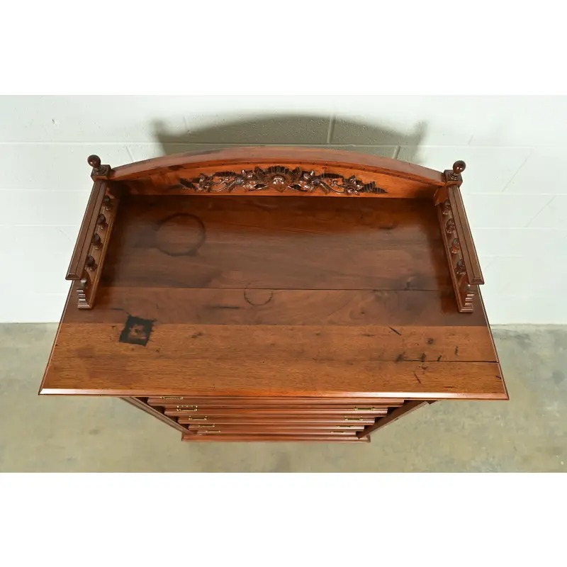 Herter Brothers Style Antique Eastlake Victorian Carved Walnut and Burl Wood Highboy Dresser, Circa 1880s - Image 14