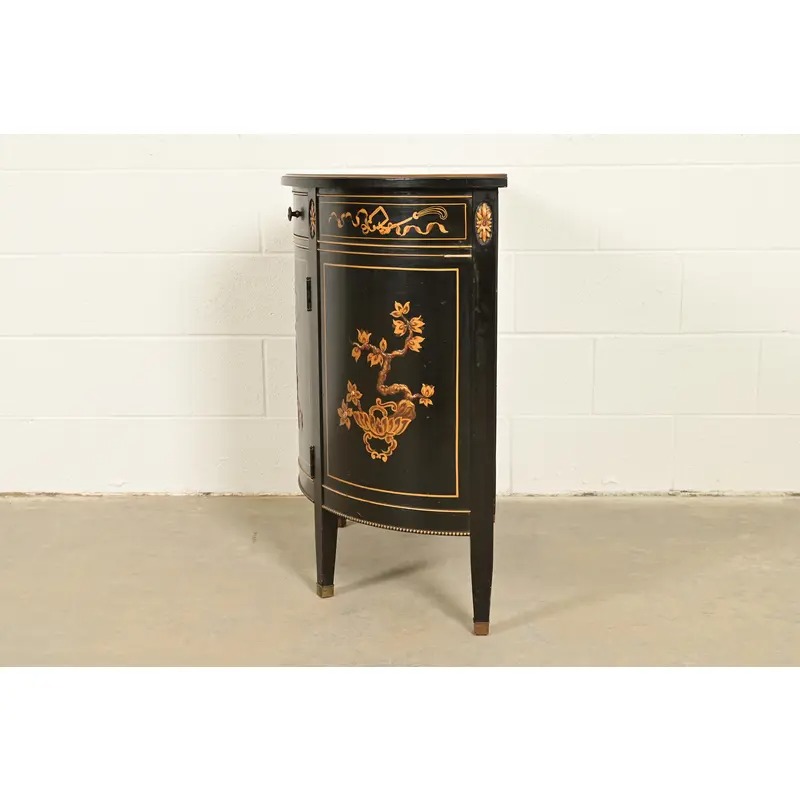 Imperial Furniture Grand Rapids French Regency Chinoiserie Black Lacquered Hand Painted Demilune Cabinet, Circa 1940s - Image 14