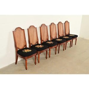 Karges Style French Regency Louis XVI Carved Solid Teak and Cane Back Dining Chairs, Set of Six