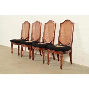 Karges Style French Regency Louis XVI Carved Teak and Cane Back Dining Chairs, Set of Four