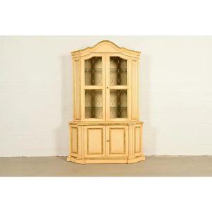 Karges Style French Regency Louis XVI Cream Lacquered and Gold Gilt Breakfront Bookcase Cabinet, Circa 1960s