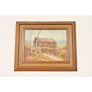 Original Artist Signed Oil Painting on Canvas Rural Landscape of "Covered Bridge" in Carved Walnut and Woven Rattan Frame