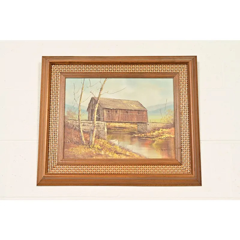 Original Artist Signed Oil Painting on Canvas Rural Landscape of "Covered Bridge" in Carved Walnut and Woven Rattan Frame