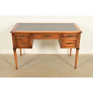 Sligh Furniture French Regency Louis XVI Carved Walnut Leather Top Writing Desk, Circa 1960s