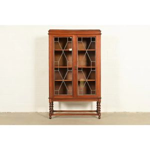 Stickley Brothers Style Antique Arts & Crafts Carved Oak Bookcase Cabinet With Leaded Glass Doors, Circa 1900