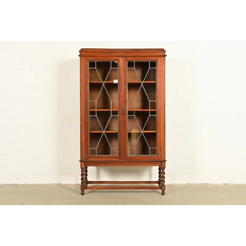 Stickley Brothers Style Antique Arts & Crafts Carved Oak Bookcase Cabinet With Leaded Glass Doors, Circa 1900