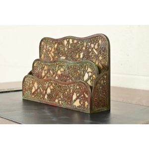 Tiffany Studios New York Grapevine Pattern Bronze and Favrile Slag Glass Letter Rack