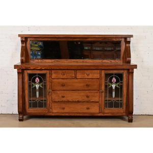 Antique Arts & Crafts Carved Oak Sideboard or Bar Cabinet With Stained Glass Doors, Newly Refinished