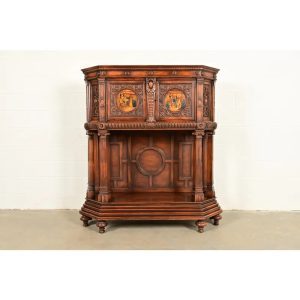 Antique French Renaissance Revival Ornate Carved Walnut Bar Cabinet, Circa 1890s
