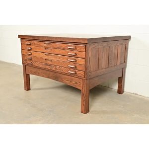 Antique Oak Arts & Crafts 5-Drawer Architect's Blueprint Flat File Cabinet, Newly Refinished