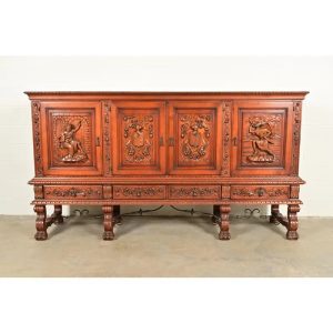 Antique Spanish Renaissance Revival Monumental Ornate Carved Walnut Sideboard or Bar Cabinet