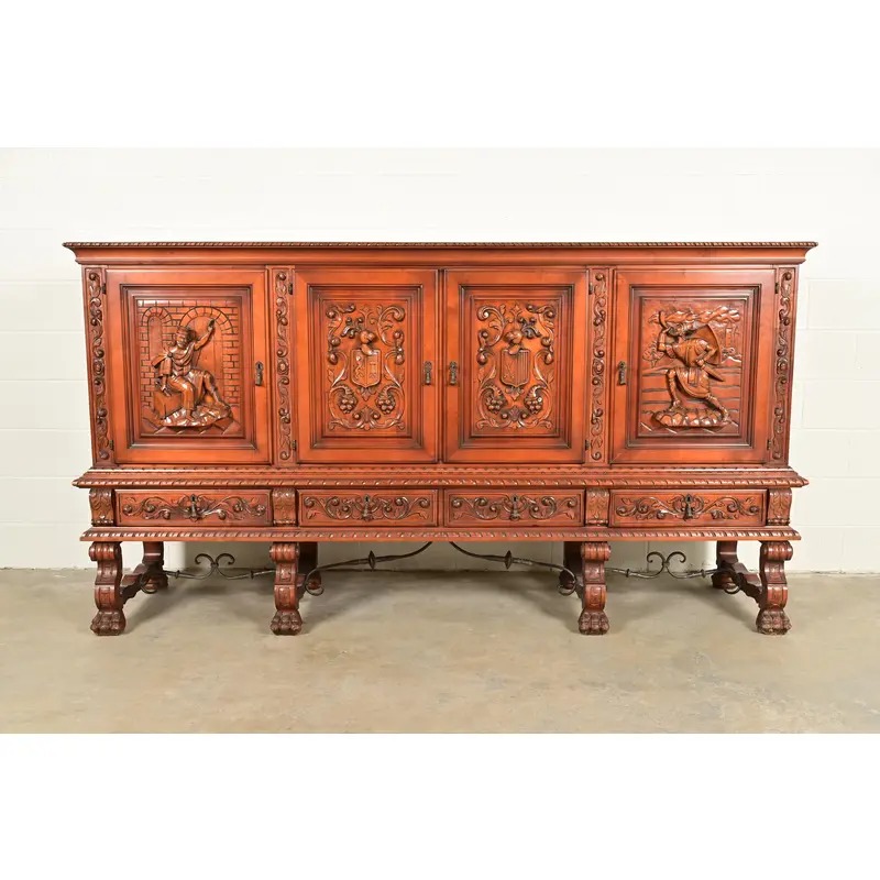 Antique Spanish Renaissance Revival Monumental Ornate Carved Walnut Sideboard or Bar Cabinet