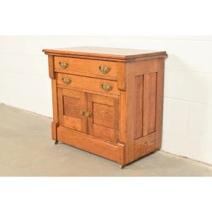 Antique Victorian Carved Oak Commode or Bar Cabinet, Circa 1890s