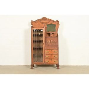 Antique Victorian Carved Tiger Oak Side-by-Side Bookcase With Drop Front Secretary Desk, Circa 1900