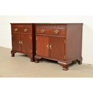 Baker Furniture Chippendale Carved Mahogany Nightstands, Newly Refinished