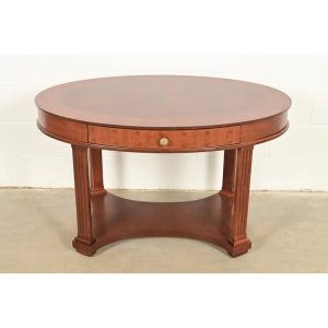 Baker Furniture French Empire Carved Cherry and Burl Wood Library Table or Center Table, Newly Refinished