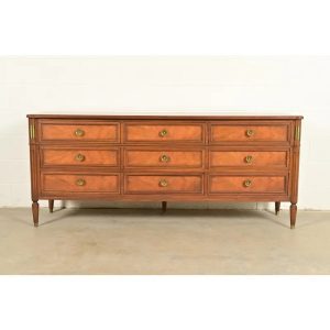 Baker Furniture French Regency Louis XVI Burled Walnut Triple Dresser or Credenza, Circa 1960s