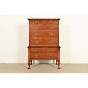 Baker Furniture Georgian Carved Walnut and Burl Wood Seven-Drawer Highboy Dresser, Circa 1960s