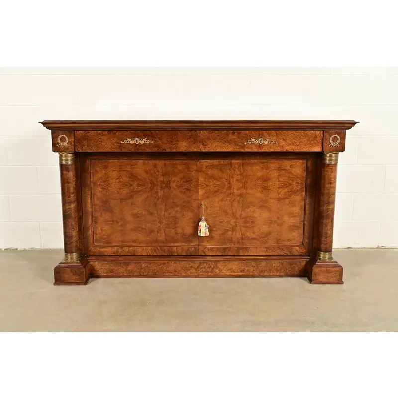 Baker Furniture Style French Empire Burl Wood Sideboard or Bar Cabinet With Mounted Ormolu