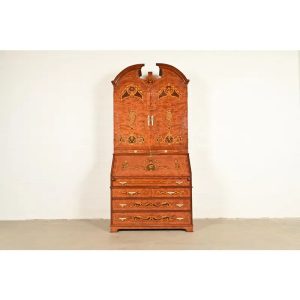Baker Furniture Style Georgian Burl Wood Inlaid and Hand Painted Drop Front Secretary Desk With Bookcase Hutch Top