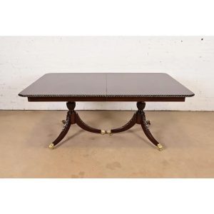 Baker Furniture Style Georgian Mahogany Double Pedestal Extension Dining Table, Newly Refinished