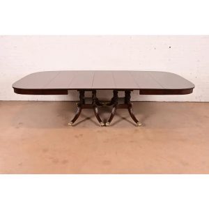 Baker Furniture Style Georgian Mahogany Double Pedestal Extension Dining Table, Newly Refinished
