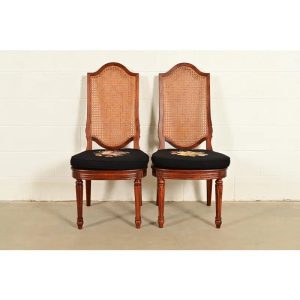 Karges Style French Regency Louis XVI Carved Solid Teak and Cane Back Side Chairs or Dining Chairs, Pair