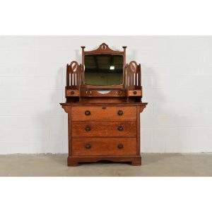 Liberty & Co. Antique English Mission Oak Arts & Crafts Vanity Dresser With Mirror, Circa 1900