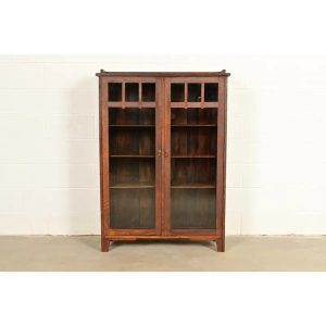 Limbert Style Antique Mission Oak Arts & Crafts Glass Front Bookcase Cabinet, Circa 1910