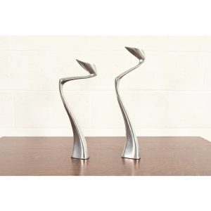 Matthew Hilton Postmodern Aluminum Swan Candlesticks, Pair