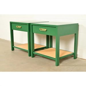 Michael Taylor for Baker Furniture Mid-Century Hollywood Regency Green Lacquer and Cane Campaign Nightstands, Newly Refinished