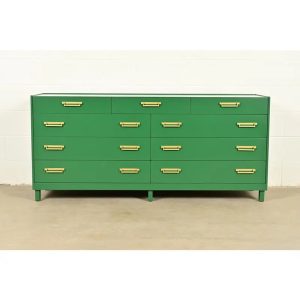 Michael Taylor for Baker Furniture Mid-Century Hollywood Regency Green Lacquered Campaign Dresser, Newly Refinished