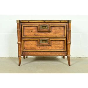 Mid-Century Hollywood Regency Campaign Carved Walnut Faux Bamboo Nightstand by Stanley, Circa 1960s