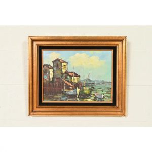 Original Artist Signed Village Harbor Oil on Canvas Painting With Carved Giltwood Frame