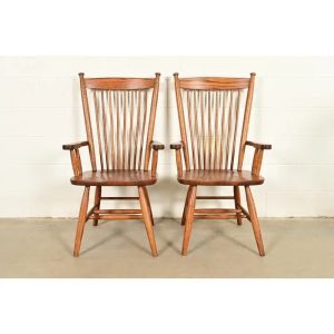 Stickley Style American Colonial Solid Oak Spindle Back Windsor Armchairs, Pair