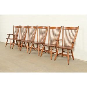 Stickley Style American Colonial Solid Oak Spindle Back Windsor Dining Chairs, Set of Six