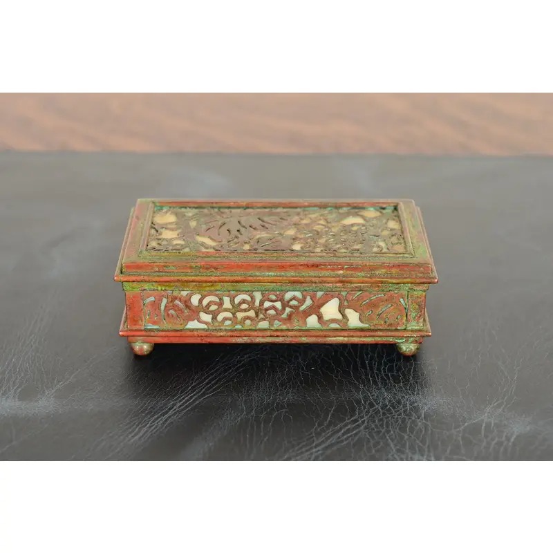 Tiffany Studios New York Grapevine Pattern Bronze and Favrile Slag Glass Box