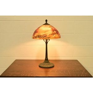 Antique Arts & Crafts Table Lamp With Painted Glass Landscape Scene Shade, Circa 1920s