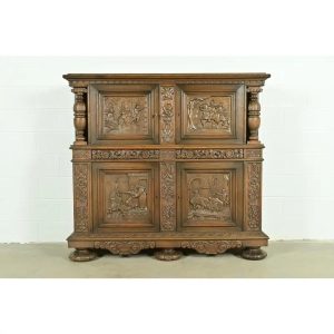 Antique Danish Renaissance Revival Carved Oak Bar Cabinet, Circa 1890s
