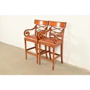 Baker Furniture English Regency Carved Walnut Bar Stools, Pair