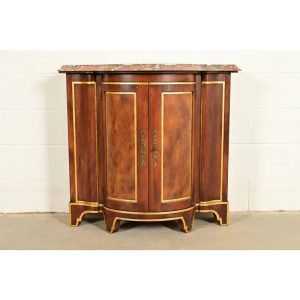 Baker Furniture Italian Provincial Carved Cherry Wood, Parcel Gilt, and Marble Top Demilune Sideboard or Bar Cabinet