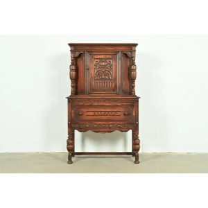 Berkey & Gay Style Antique English Jacobean Carved Oak Bar Cabinet, Circa 1920s