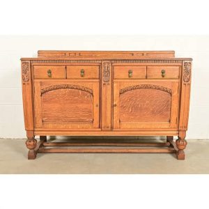 Berkey & Gay Style Antique English Jacobean Carved Oak Sideboard Buffet or Bar Cabinet, Circa 1920s
