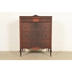 Berkey & Gay Style French Regency Louis XVI Carved Burled Walnut Highboy Dresser, Circa 1920s